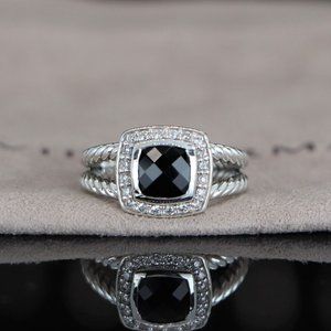 19338 David Yurman Petite Albion Silver Black Onyx Pave Diamond Ring Band Size 6